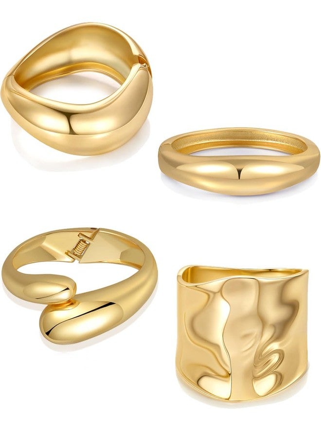 Tornito أساور ذهبية عريضة من تورنيتو 4 قطع للنساء مطلية بالذهب عيار 14 قيراط، أساور قابلة للفتح بتصميم غير منتظم وعصري، مجوهرات سميكة قابلة للتكديس، هدايا - Image 1