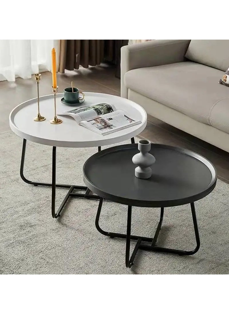 DubaiGallery - Coffee Table Set of 2 Stackable MDF Top Side Table Round Set Table Combination Small Set Table Set Industrial Style Side Table Round for Living Room, Balcony - Image 1