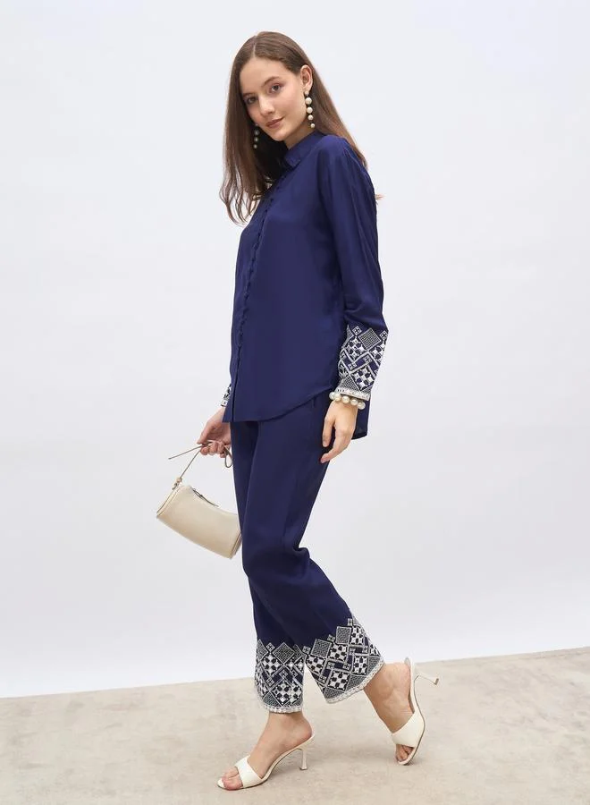 ستايلي Styli Medium Blue Embroidered Shirt and Straight Fit Pants Co-Ords