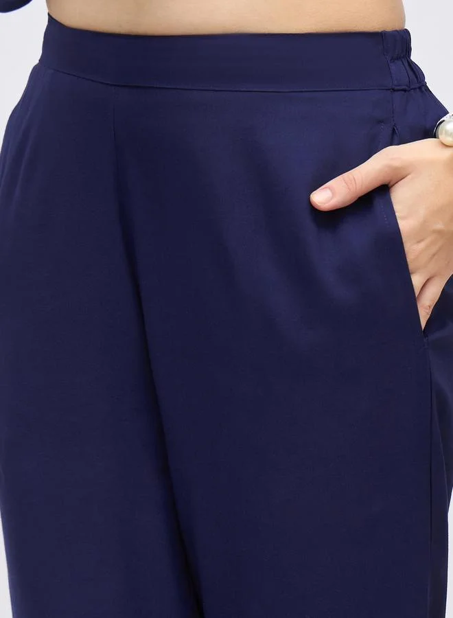 Styli Styli Medium Blue Embroidered Shirt and Straight Fit Pants Co-Ords
