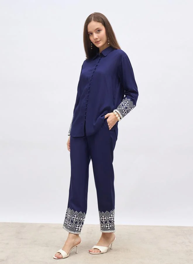 Styli Styli Medium Blue Embroidered Shirt and Straight Fit Pants Co-Ords