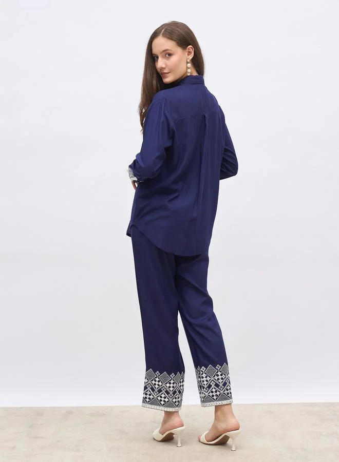 Styli Styli Medium Blue Embroidered Shirt and Straight Fit Pants Co-Ords