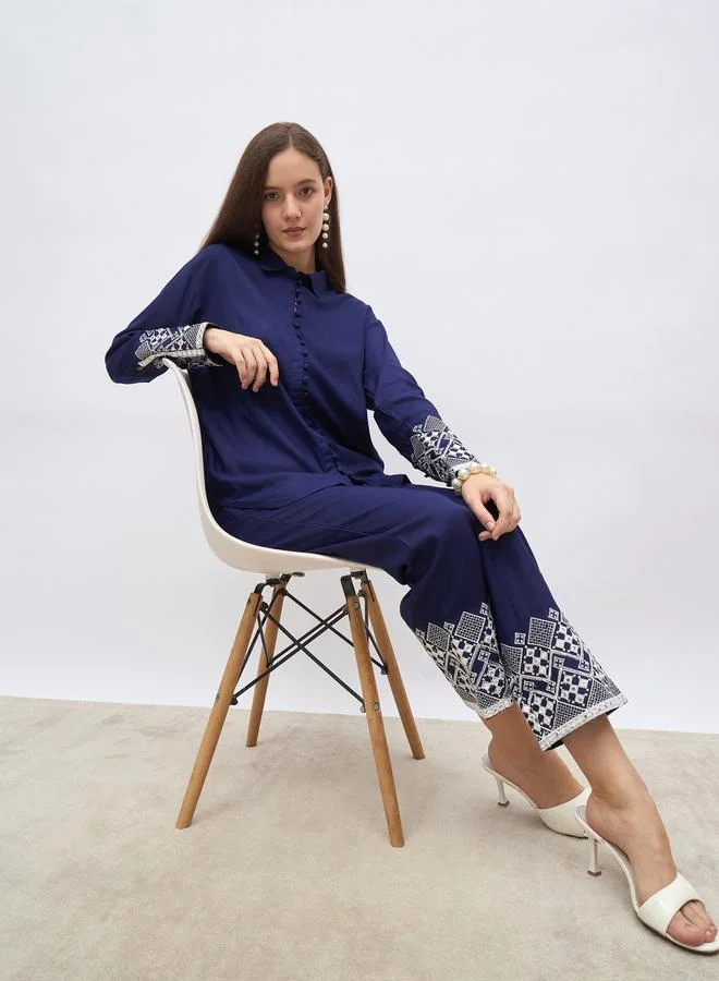 Styli Styli Medium Blue Embroidered Shirt and Straight Fit Pants Co-Ords