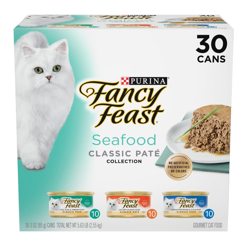 Fancy Feast Purina Fancy Feast Seafood Classic Pate Collection Grain Free Wet Cat Food Variety Pack - (Pack of 30) 3 oz. Cans - Image 1