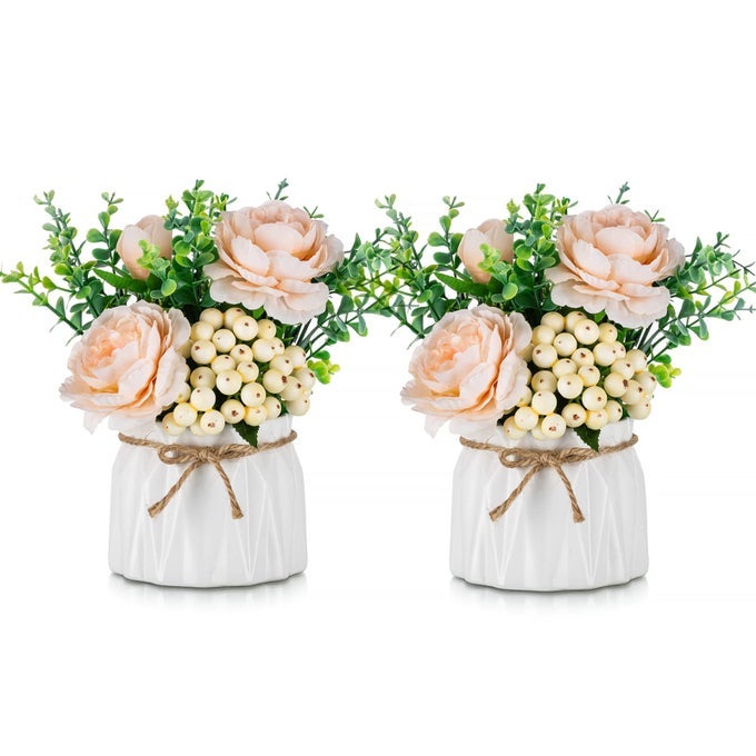 Table Decor Artificial Flowers Vase Small Fake Champagne Flower Arrangement 2pcs Floral Arrangement for Tables centerpieces Kitchen Dining Room Decorations Flower in Vase Silk Roses