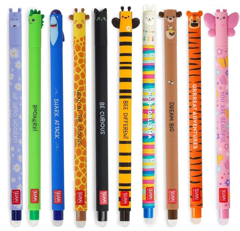 LEGAMI Set of 10 Gel Erasable Pens Erasable Pens Erasable Ink Pens Gel Pens Erasable without Leaf 07 mm Tip Assorted Ink Colours and Animal Designs - Image 2