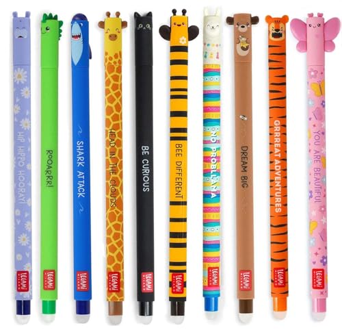 LEGAMI Set of 10 Gel Erasable Pens Erasable Pens Erasable Ink Pens Gel Pens Erasable without Leaf 07 mm Tip Assorted Ink Colours and Animal Designs - Image 1