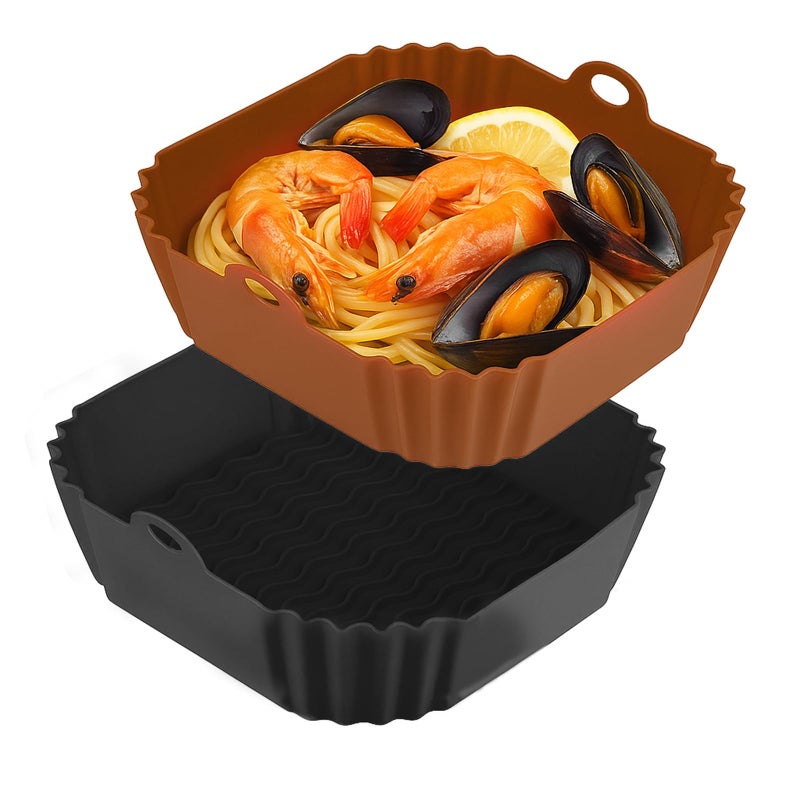 Boribim 9 Inch Large Air Fryer Silicone Liners 2 PCS Square Reusable AirFryer Basket Liners for 58QT Air fryer Air fryer Accessories for Baking Roasting Microwave Black Brown - Image 2