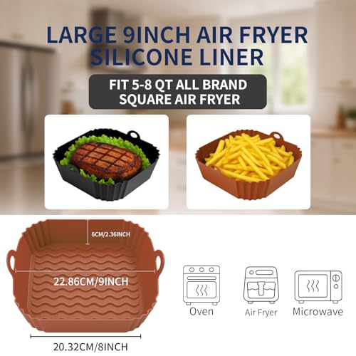 Boribim 9 Inch Large Air Fryer Silicone Liners 2 PCS Square Reusable AirFryer Basket Liners for 58QT Air fryer Air fryer Accessories for Baking Roasting Microwave Black Brown - Image 3