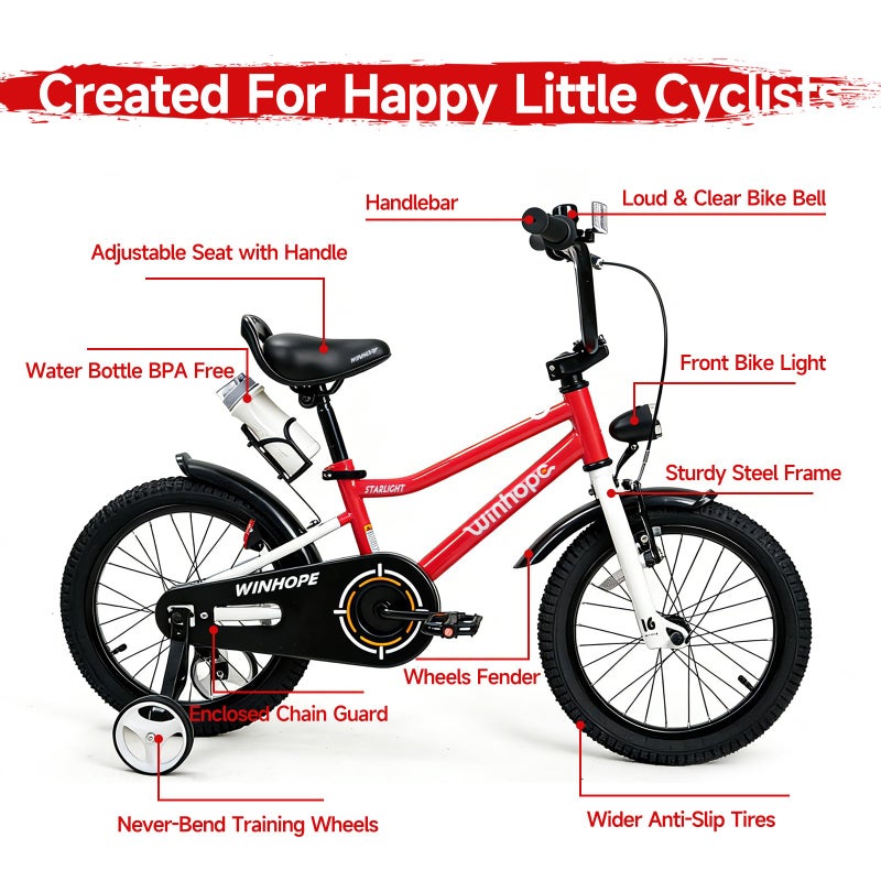 Winhope Kids Bike, 12 14 16 18 Inch Bike for 2-9 Boys & Girls, Children's Bicycle with Training Wheels, Headlight, Fenders, Adjustable Seat and Water Bottle for Outdoor Riding, Multiple Colors - Image 5