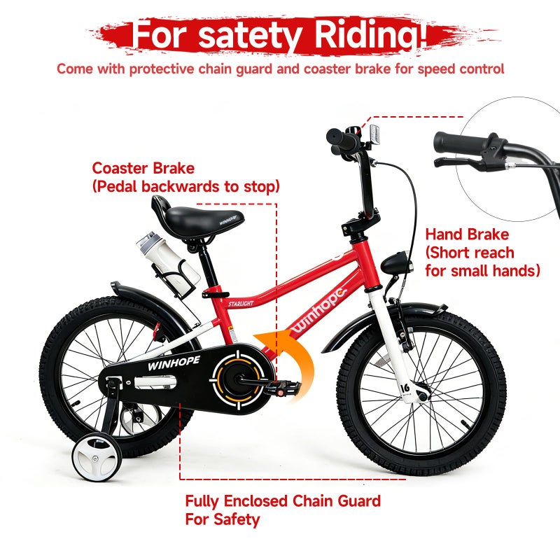 Winhope Kids Bike, 12 14 16 18 Inch Bike for 2-9 Boys & Girls, Children's Bicycle with Training Wheels, Headlight, Fenders, Adjustable Seat and Water Bottle for Outdoor Riding, Multiple Colors - Image 3