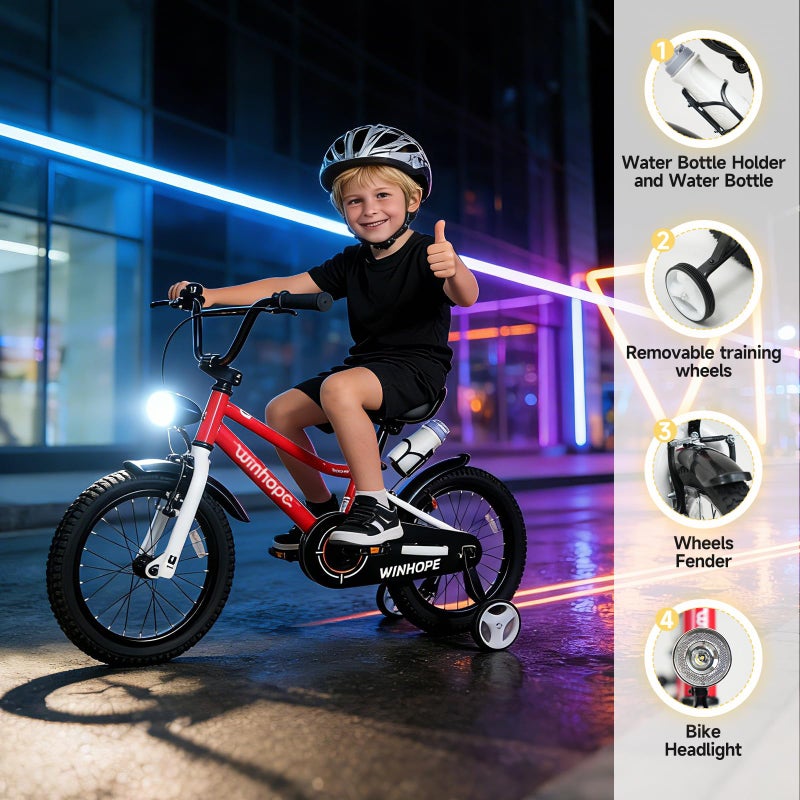 Winhope Kids Bike, 12 14 16 18 Inch Bike for 2-9 Boys & Girls, Children's Bicycle with Training Wheels, Headlight, Fenders, Adjustable Seat and Water Bottle for Outdoor Riding, Multiple Colors - Image 2