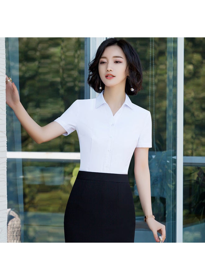 Teluoman White Short Sleeve Women'S V-Neck Summer Thin Professional Workwear Interview Formal Work Shirt - Image 3