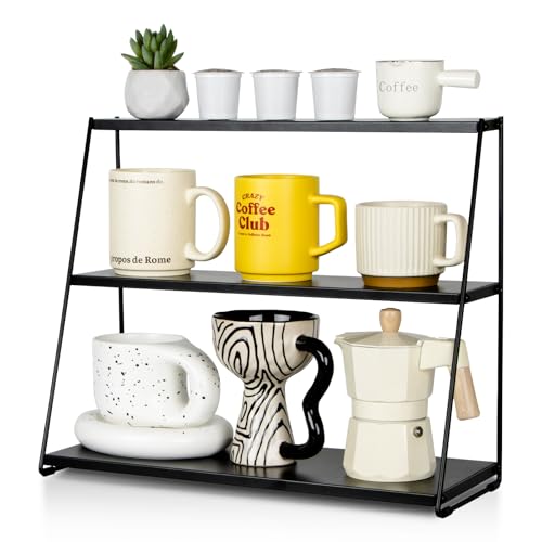 PUERSI Coffee Mug Holder Metal Mug Display Rack for Countertop 3 Tier Mug Shelf Coffee Station Accessories Organizer for Kitchen Office Home Black - Image 1