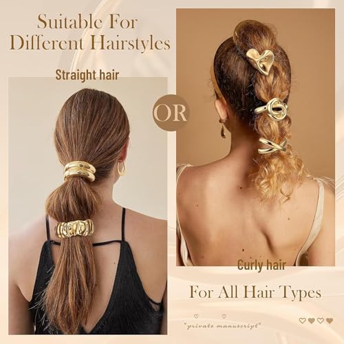 Elina Metal Hair Ties Ponytail Holder Cuffs for Girls & Women, Glossy Elastic, Geometric Design, Head Accessories Fashion Trendy Celebrity Rubber Bands (Gold Color)(Pack of 6 Pcs Random) - Image 3