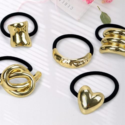 Elina Metal Hair Ties Ponytail Holder Cuffs for Girls & Women, Glossy Elastic, Geometric Design, Head Accessories Fashion Trendy Celebrity Rubber Bands (Gold Color)(Pack of 6 Pcs Random) - Image 5