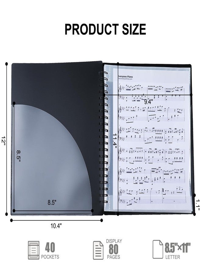 Musfunny Piano Sheet Music Folder Organizer: 40 Plastic Sleeves Display 80 Pages Spiral Music Binder Organizer - Size Letter 8.5 x 11 Storage Folder for Choral Band Orchestra Choir (Black) - Image 2