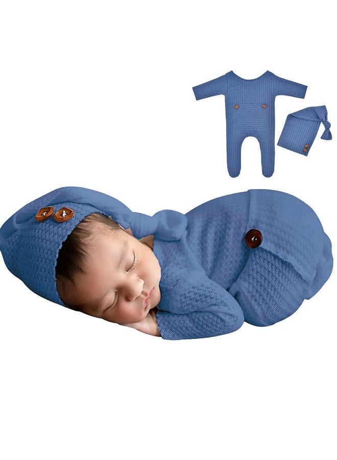 Winmany Baby Crochet Knit Photo Photography Prop Outfits, Newborn Photo Prop Romper Hats Costume Accessories for Newborn Boys Girls, Blue, 2 Count (Pack of 1) - Image 1