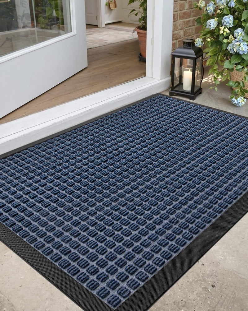 DEXI Front Door Mat Outside Entrance, 2x4 ft Rubber Entry Doormat Heavy Duty, Welcome Mats Non Slip for Inside House Floor Entryway Double Doors Exterior Patio, Squares Blue - Image 1