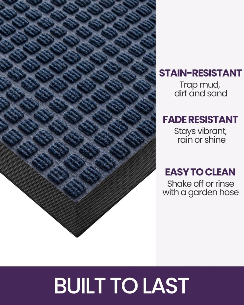 DEXI Front Door Mat Outside Entrance, 2x4 ft Rubber Entry Doormat Heavy Duty, Welcome Mats Non Slip for Inside House Floor Entryway Double Doors Exterior Patio, Squares Blue - Image 3