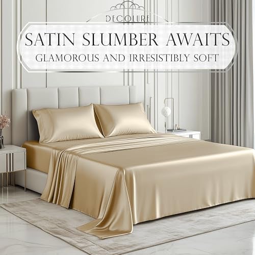 DECOLURE Satin Bed Sheets 4 Piece Luxury Silky Full Size Bedding Set Softer Than Silk WrinkleFree with 15 Deep Pocket Fitted Sheet Perfect for Hair Skin Gifts for Women Ivory - Image 3