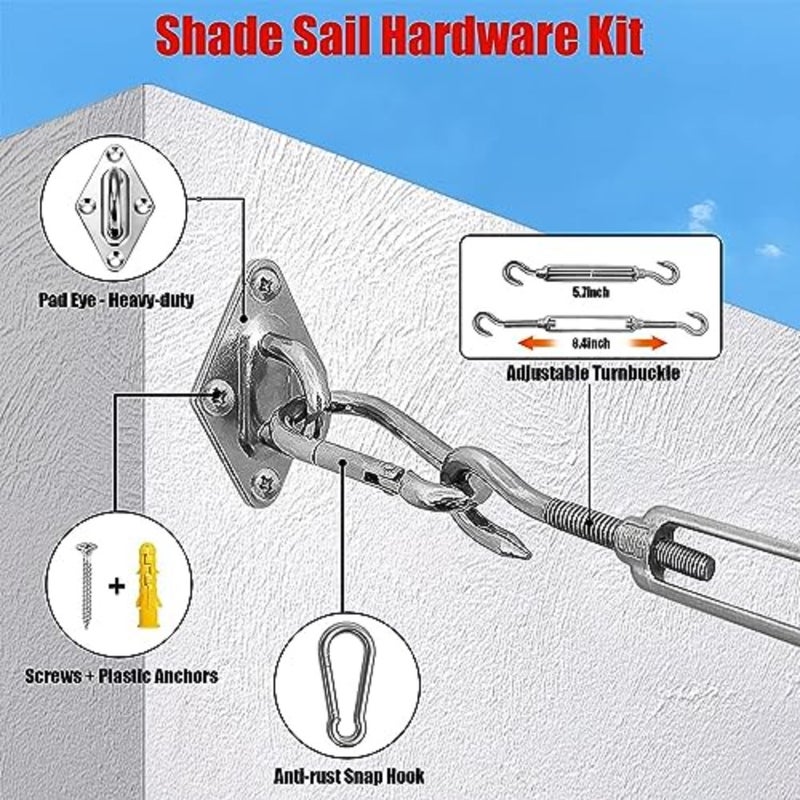 Shade Sail Hardware Kit with 4 PCS 13 FT Nylon-Coated Cable Wire 304 Grade Stainless Steel Installation Kit Set For Triangle Square Rectangle Sun Shade Sails Outdoor Use 117 PCS - Image 3