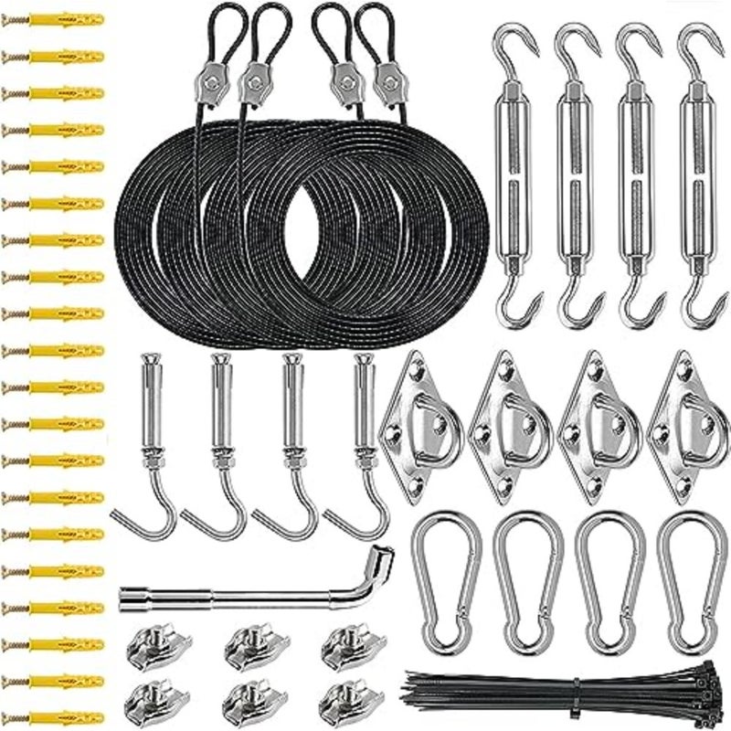 Shade Sail Hardware Kit with 4 PCS 13 FT Nylon-Coated Cable Wire 304 Grade Stainless Steel Installation Kit Set For Triangle Square Rectangle Sun Shade Sails Outdoor Use 117 PCS - Image 1
