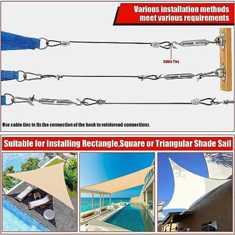 Shade Sail Hardware Kit with 4 PCS 13 FT Nylon-Coated Cable Wire 304 Grade Stainless Steel Installation Kit Set For Triangle Square Rectangle Sun Shade Sails Outdoor Use 117 PCS - Image 4