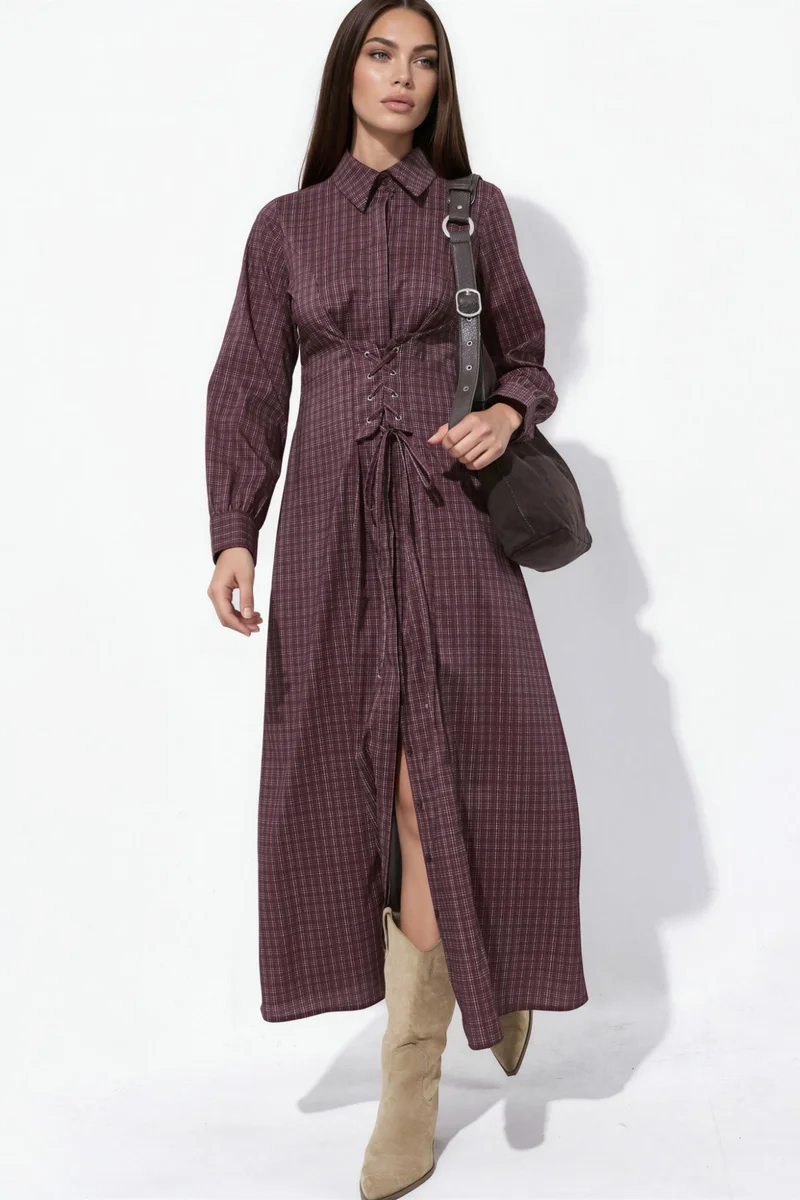 هيكاب Plaid Shirt Dress with Corset Lace-Up Detail