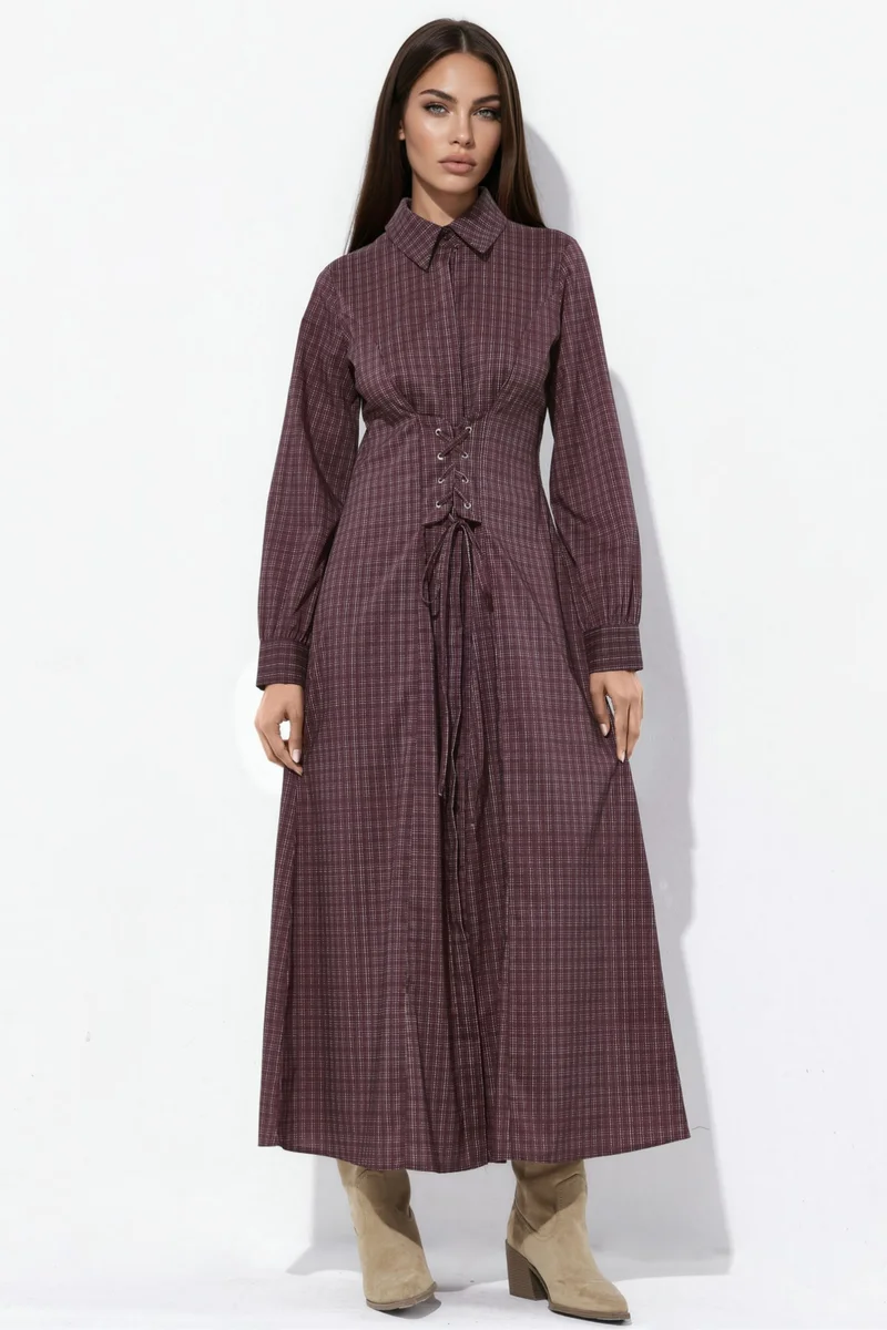 هيكاب Plaid Shirt Dress with Corset Lace-Up Detail