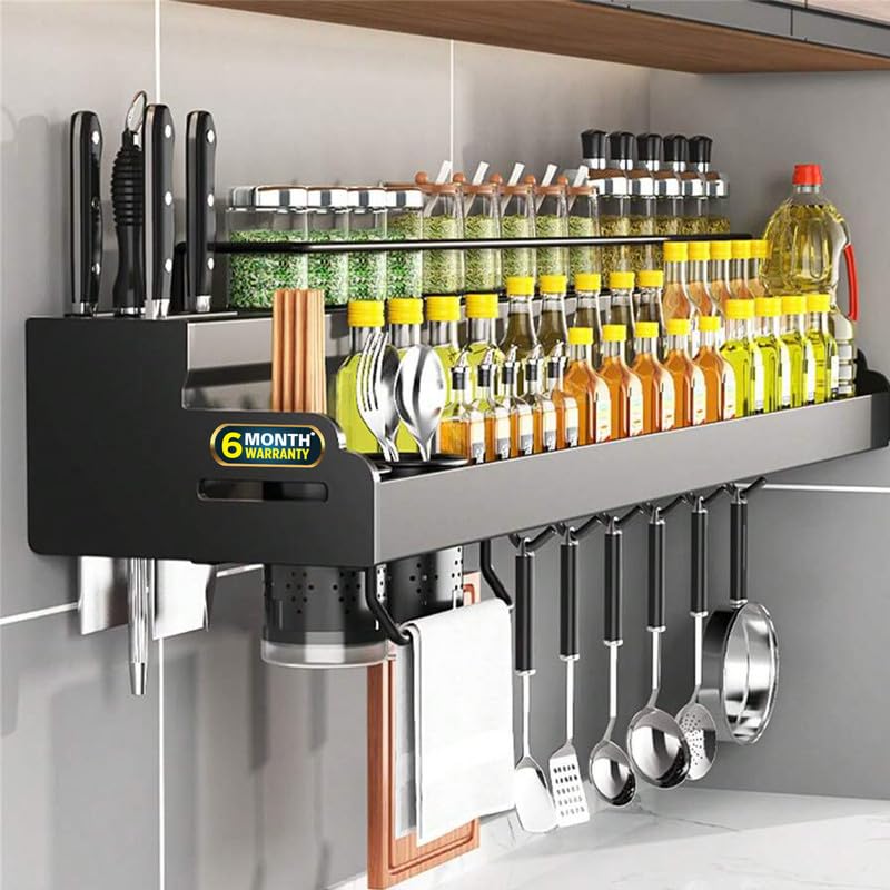 iBELL Multifunctional Wall-Mounted Kitchen Storage Organizer Rack with Spice Shelf, Utensil Hooks & Holder - IBLCH260 - Image 1