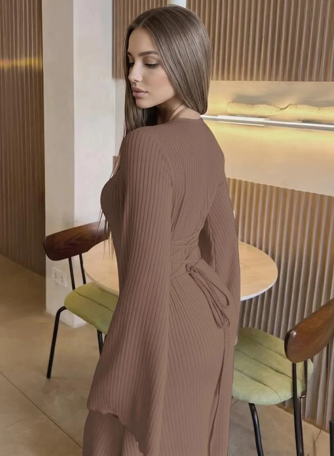 Styli camel Brown Long Sleeves A-Line Maxi Dress for Women | Best Price UAE