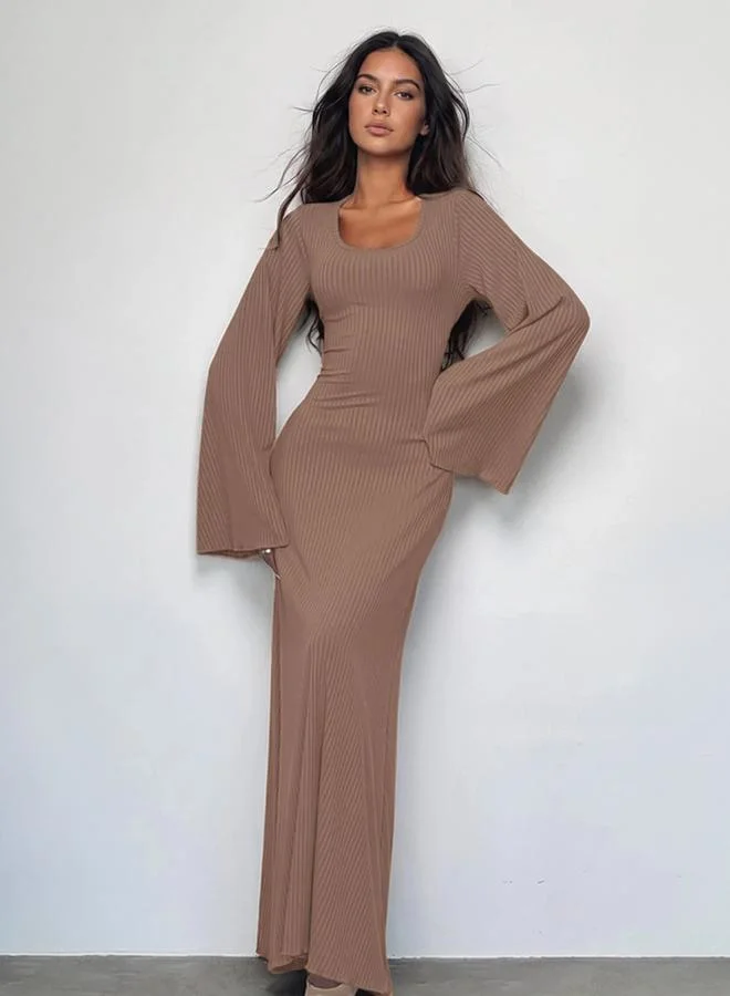 Styli camel Brown Long Sleeves A-Line Maxi Dress for Women | Best Price UAE