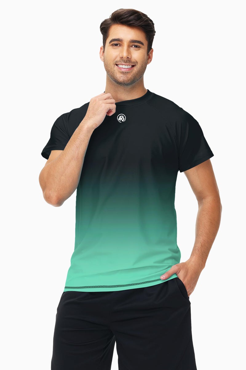 AOBUTE Men's Swimsuit Tops Quick Dry UV Sun Shirt Short Sleeve Cooling Shirt Summer Gradient Grey Green 3XL - Image 2