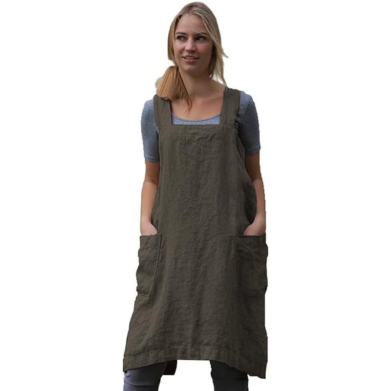 WROLEM Women 's Cross Back Pinafore Apron with Large Pockets Home Kitchen  Restaurant  Coffee house Cooking Gardening Works ArmyGreen-S - Image 2