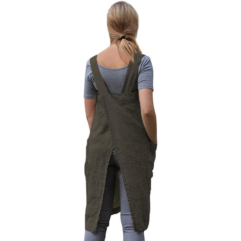 WROLEM Women 's Cross Back Pinafore Apron with Large Pockets Home Kitchen  Restaurant  Coffee house Cooking Gardening Works ArmyGreen-S - Image 4