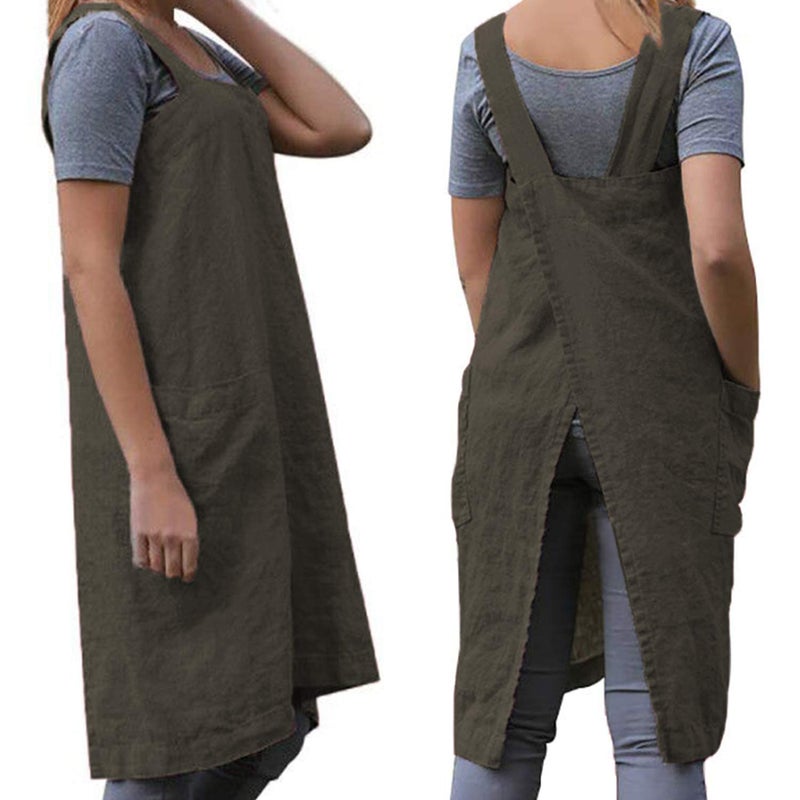 WROLEM Women 's Cross Back Pinafore Apron with Large Pockets Home Kitchen  Restaurant  Coffee house Cooking Gardening Works ArmyGreen-S - Image 1