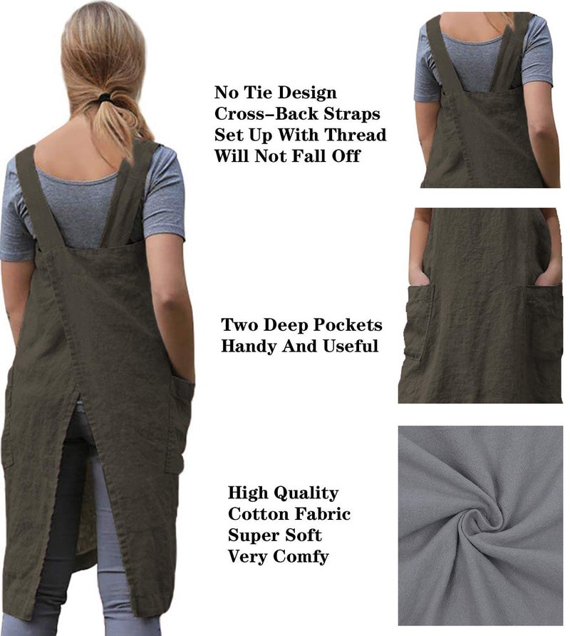 WROLEM Women 's Cross Back Pinafore Apron with Large Pockets Home Kitchen  Restaurant  Coffee house Cooking Gardening Works ArmyGreen-S - Image 5