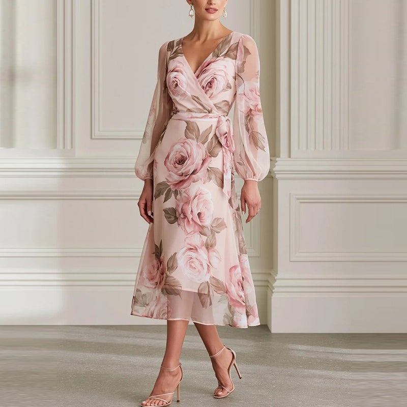 2026 European and American Cross-Border Chiffon Fashion V-Neck Lantern Sleeve Elegant Dress - Pink