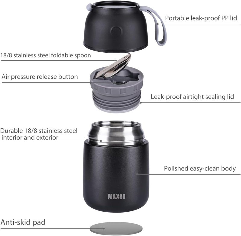 ITSLIFE Insulated Thermo Food Jar for Hot & Cold Food for Kids Adult, 17&24 oz Soup Thermal Hot Food Containers for Lunch, Triple Layer Insulation Stainless Steel Food Jar with Spoon (2 Pack Black) - Image 2