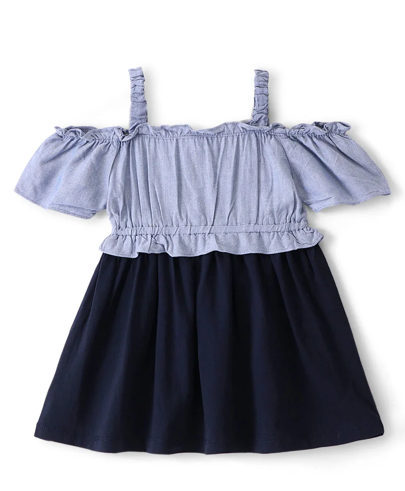 babyhug Babyhug Cotton Knit Cold Shoulder Sleeves Frock with Floral Print - Navy Blue