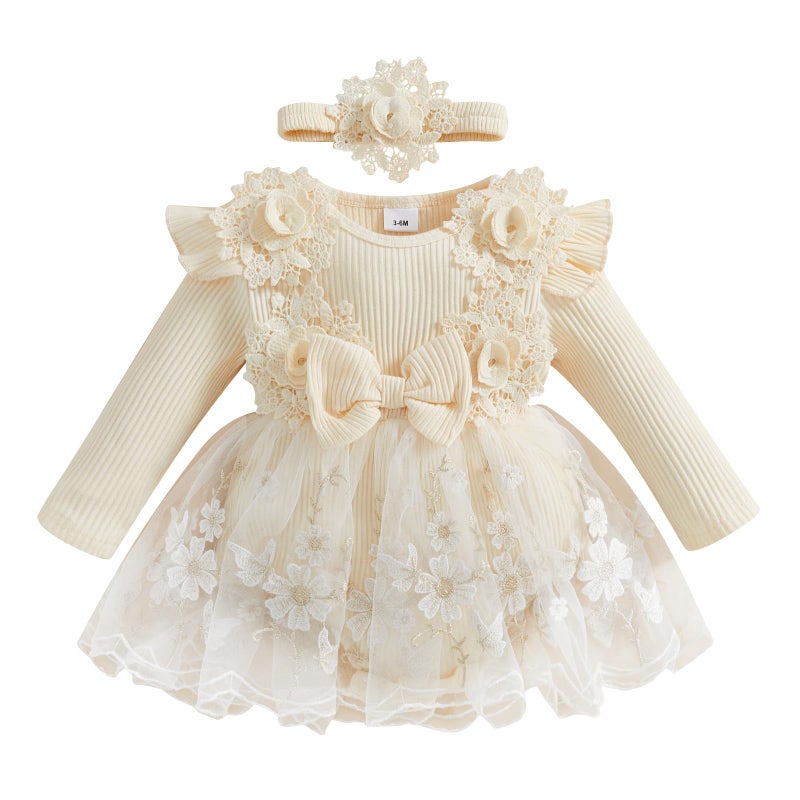 Douhoow Baby Girl Romper Dress Baby Dress Romper Lace Flowers Infant Fall Winter Festival Clothes with Headband (Beige, 3-6 Months) - Image 1