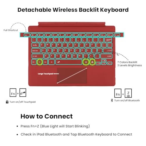 Concept Kart Keyboard for Microsoft Surface Pro 3/4/5/6/7 Ultra-Slim Wireless Bluetooth Keyboard with Trackpad, 7-Color LED Backlit, Grey (Surface Pro 3/4/5/6/7 Keyboard (Red-with Backlit)) - Image 5