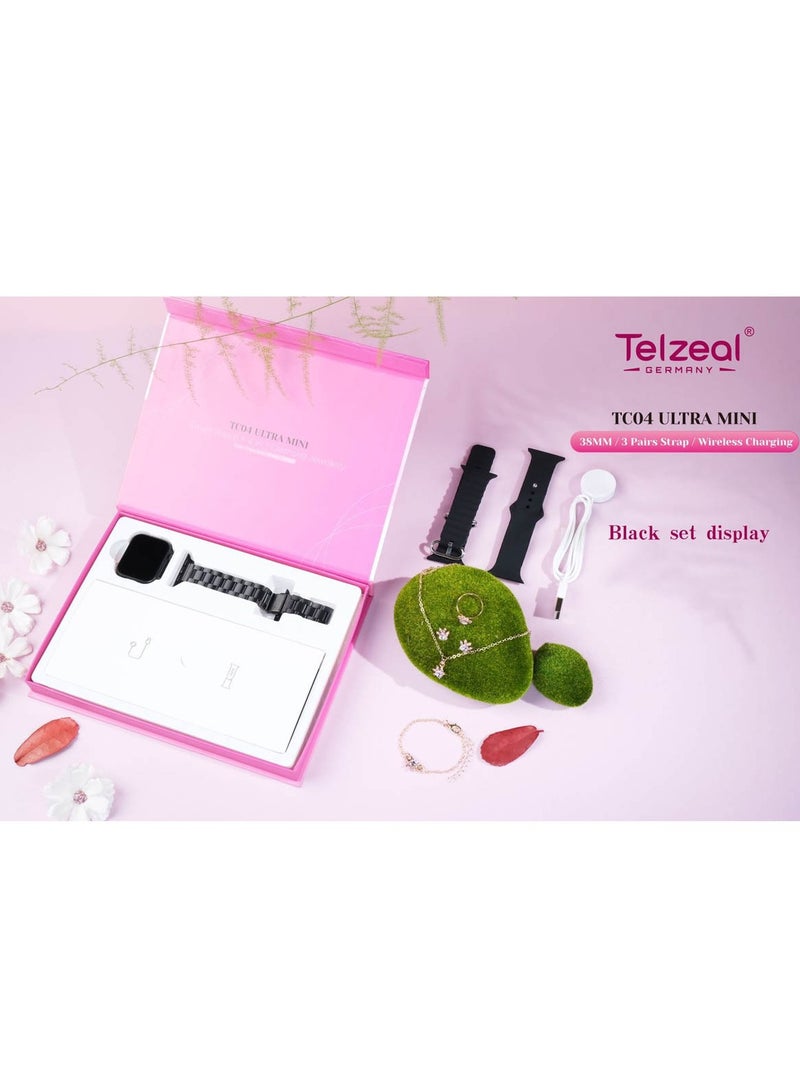 تلزيل ساعة ذكية Telzeal Germay TC04 Ultra Mini مقاس 38 ملم مع 3 أزواج من الأشرطة وإكسسوارات المجوهرات وشاحن لاسلكي مصممة للنساء والفتيات باللون الأسود - Image 1