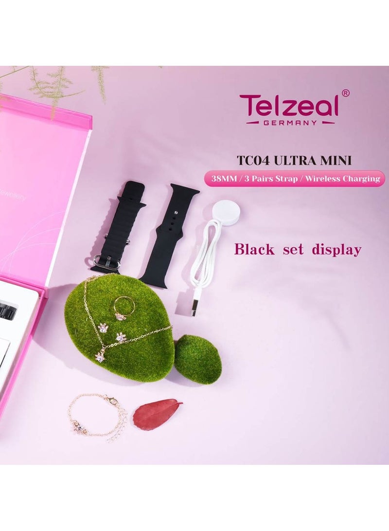 تلزيل ساعة ذكية Telzeal Germay TC04 Ultra Mini مقاس 38 ملم مع 3 أزواج من الأشرطة وإكسسوارات المجوهرات وشاحن لاسلكي مصممة للنساء والفتيات باللون الأسود - Image 3
