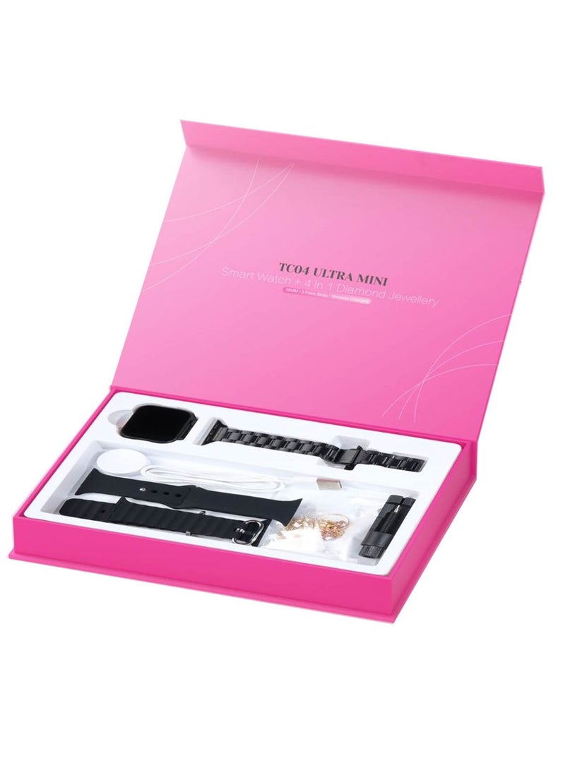 تلزيل ساعة ذكية Telzeal Germay TC04 Ultra Mini مقاس 38 ملم مع 3 أزواج من الأشرطة وإكسسوارات المجوهرات وشاحن لاسلكي مصممة للنساء والفتيات باللون الأسود - Image 2