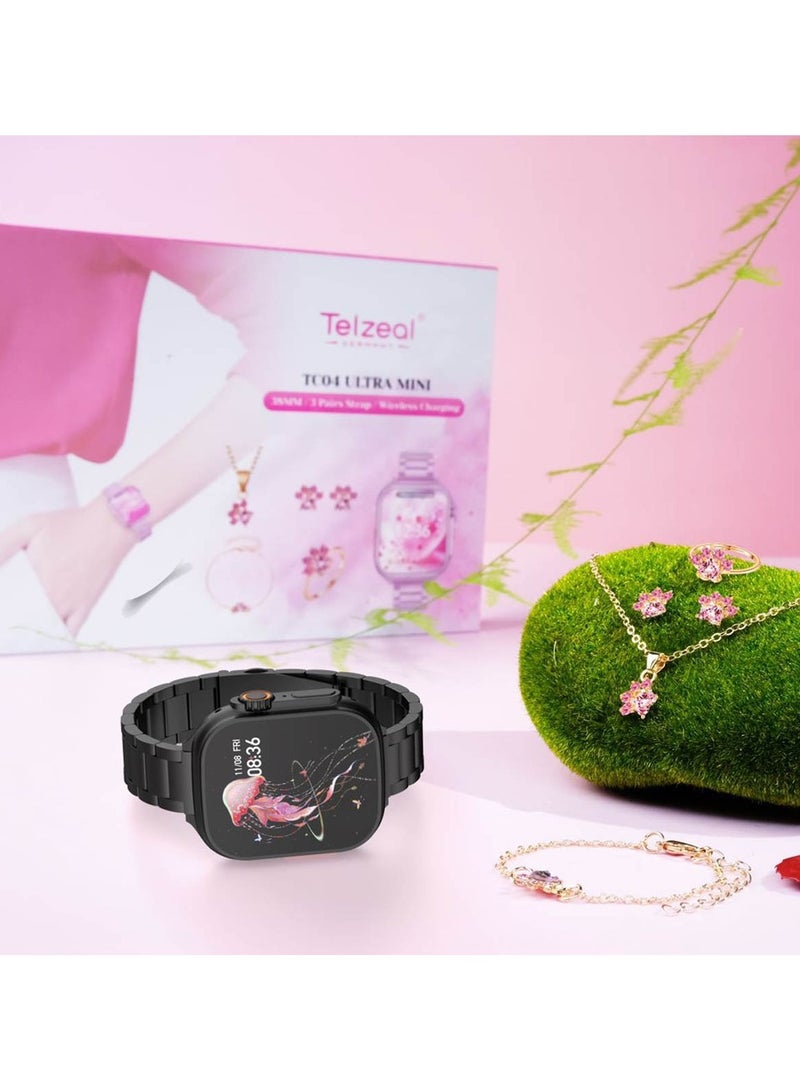 تلزيل ساعة ذكية Telzeal Germay TC04 Ultra Mini مقاس 38 ملم مع 3 أزواج من الأشرطة وإكسسوارات المجوهرات وشاحن لاسلكي مصممة للنساء والفتيات باللون الأسود - Image 4
