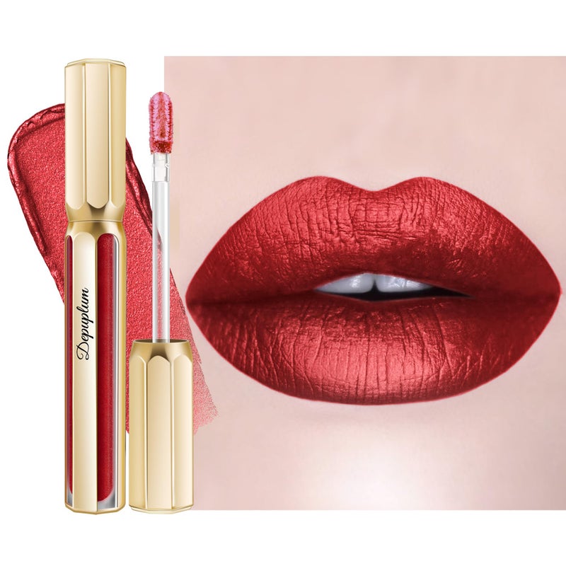 Depuplum Dark Red Lipsticks for Women Metallic Lipstick Long Lasting Non Stick Cup Lip Gloss, Metal Shine Lightweight Hydrating Full Coverage Lip Color, DP104 Impassion - Image 1