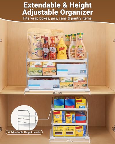 EVERIE Extendable 3Tier Kitchen Cabinet Pantry Organizer for Plastic Wrap Foil Storage Bags Adjustable Heavy Duty Shelf Rack for Wrap Boxes Jars Snack Boxes 11167 in Wide Pack of 2 - Image 3