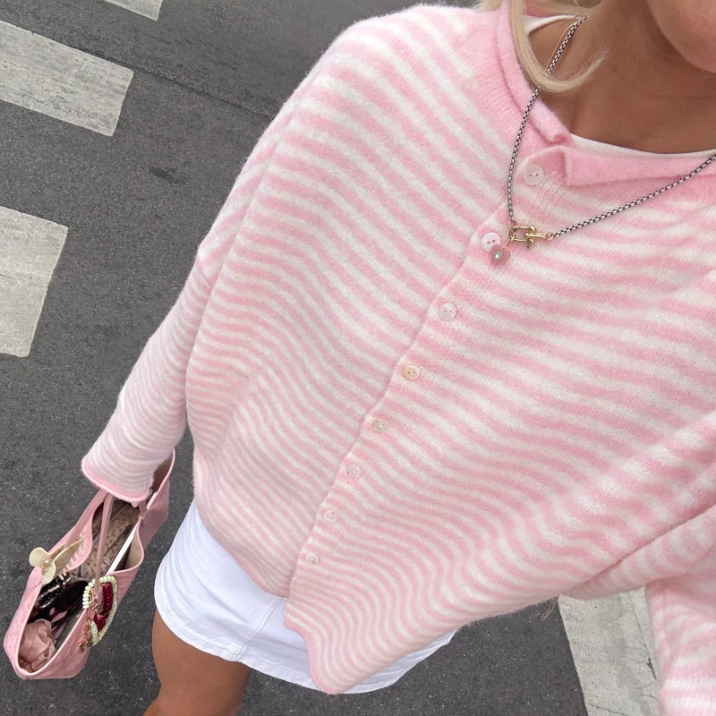 Yuemengxuan Women Knitted Cardigan Sweaters Long Sleeve Button Down Loose Knitwear Tops Y2k Vintage Jumper Knit Shirt (Pink Stripes, S) - Image 5